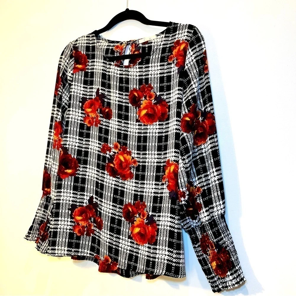 Anthropologie Black White Floral Plaid Long Puff Sleeve Sheer Peasant Blouse Top - Picture 3 of 9
